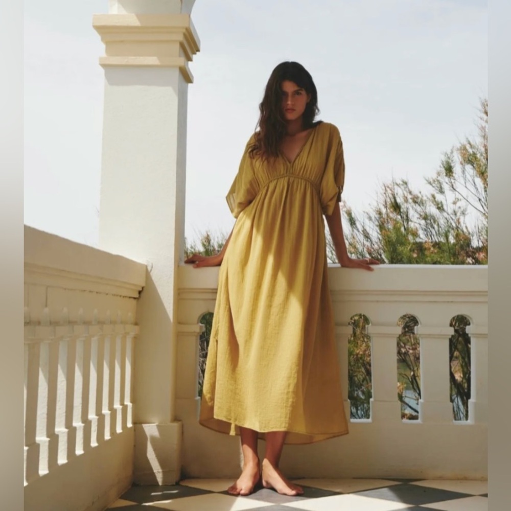 Zara Cotton Midi Kaftan Dress Yellow Gold Size M